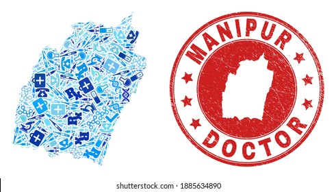 Vector collage Manipur State map with inoculation icons, laboratory symbols, and grunge health care seal. Red round seal with grunge rubber texture and Manipur State map caption and map.