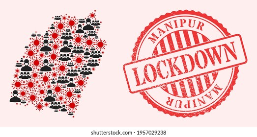 Vector collage Manipur State map of covid-2019 virus, masked people and red grunge lockdown stamp. Virus particles and people in masks inside Manipur State map.
