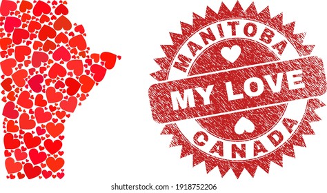 Vector collage Manitoba Province map of love heart elements and grunge My Love seal stamp. Mosaic geographic Manitoba Province map designed with love hearts.