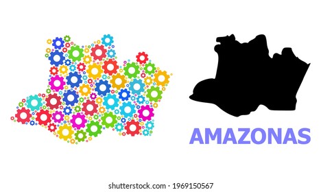 Vector collage map of Amazonas State created for engineering. Mosaic map of Amazonas State is created of scattered bright cogs. Engineering items in bright colors.