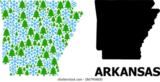 Vector collage map of Arkansas State designed for New Year, Christmas, and winter. Mosaic map of Arkansas State is designed of snow and fir forest.