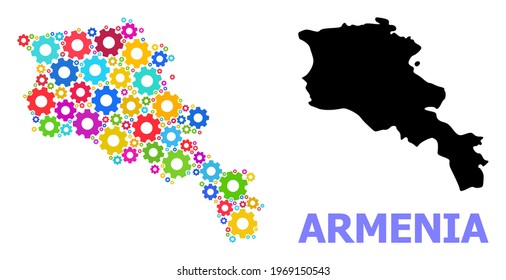 Vector collage map of Armenia combined for engineering. Mosaic map of Armenia is shaped of scattered bright gear wheels. Engineering items in bright colors.