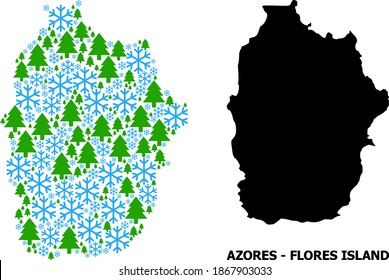 Vektorgrafik von Azoren - Flores Island für Neujahr, Weihnachten und Winter gemacht. Mosaik Karte der Azoren - Flores Insel ist aus Schnee und Tannenwald.