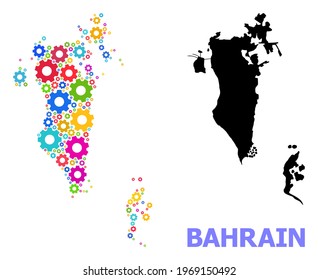 Vector collage map of Bahrain done for engineering. Mosaic map of Bahrain is done with scattered bright wheels. Engineering items in bright colors.