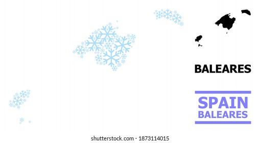 Mapa de colección de vectores de la provincia de Baleares organizado para Año Nuevo, Navidad y invierno. El mapa mosaico de la provincia de Baleares está formado con elementos de nieve azul claro.