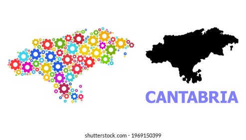 Vector collage map of Cantabria Province created for engineering. Mosaic map of Cantabria Province is created with random bright cogs. Engineering components in bright colors.