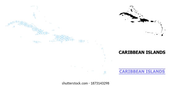 Mapa de colección de vectores de las islas del Caribe organizado para Año Nuevo, Navidad y invierno. El mapa mosaico de las islas del Caribe está diseñado con partes de nieve azul claro.