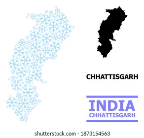 Vector collage map of Chhattisgarh State constructed for New Year, Christmas celebration, and winter. Mosaic map of Chhattisgarh State is constructed of light blue snow.