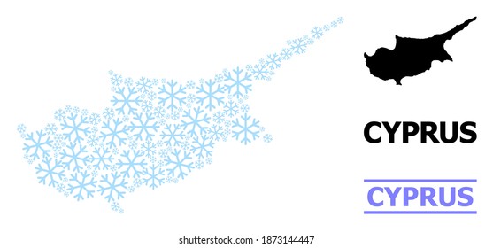 Vector collage map of Cyprus Island created for New Year, Christmas celebration, and winter. Mosaic map of Cyprus Island is created with light blue snow elements.