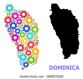 Vector collage map of Dominica Island constructed for workshops. Mosaic map of Dominica Island is constructed of random colorful cogs. Engineering components in bright colors.
