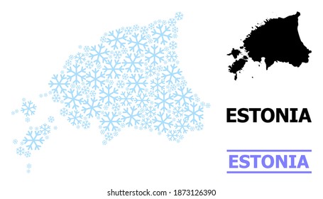 Vektorgrafik von Estland für Neujahr, Weihnachtsfeiern und Winter getan. Die Mosaikkarte Estlands ist mit hellblauen Schneeflocken gebaut.