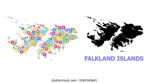 Vector collage map of Falkland Islands created for services. Mosaic map of Falkland Islands is created with scattered bright cogs. Engineering items in bright colors.