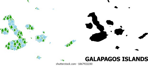 Vector collage map of Galapagos Islands combined for New Year, Christmas, and winter. Mosaic map of Galapagos Islands is shaped from snowflakes and fir forest.