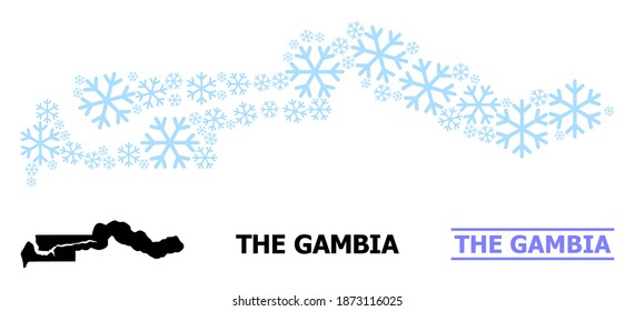 Vector collage map of the Gambia created for New Year, Christmas celebration, and winter. Mosaic map of the Gambia is created with light blue snow flakes.