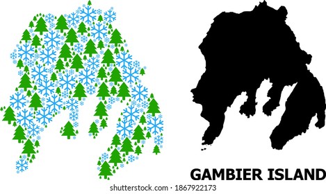 Vector collage map of Gambier Island organized for New Year, Christmas, and winter. Mosaic map of Gambier Island is organized with snow flakes and fir forest.