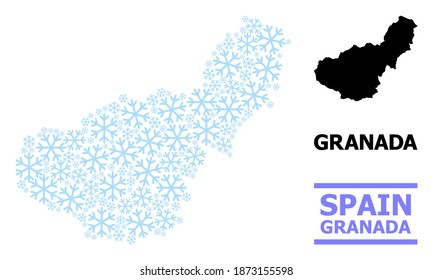 Mapa de colección de vectores de la provincia de Granada creado para Año Nuevo, celebración de Navidad e invierno. El mapa mosaico de la provincia de Granada está formado por elementos de nieve azul claro.