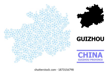 Vector collage map of Guizhou Province created for New Year, Christmas celebration, and winter. Mosaic map of Guizhou Province is constructed of light blue snow items.