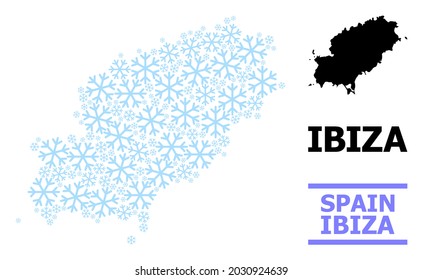 Vector collage map of Ibiza Island done for New Year, Christmas celebration, and winter. Mosaic map of Ibiza Island is done from light blue snow items.
