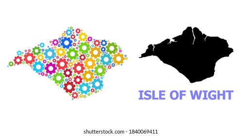 Vector collage map of Isle of Wight designed for workshops. Mosaic map of Isle of Wight is done from randomized bright gears. Engineering components in bright colors.