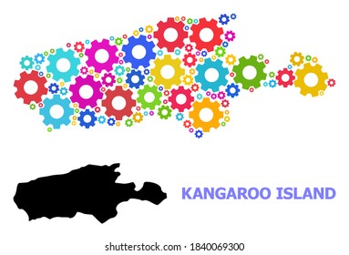 Vector collage map of Kangaroo Island combined for engineering. Mosaic map of Kangaroo Island is shaped from scattered bright wheels. Engineering items in bright colors.