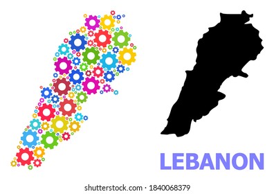 Vector collage map of Lebanon organized for engineering. Mosaic map of Lebanon is organized of random bright gear wheels. Engineering items in bright colors.