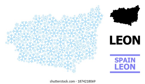 Vektorgrafik der Provinz Leon erstellt für Neujahr, Weihnachtsfeiern und Winter. Mosaikkarte der Provinz Leon ist von hellblauem Schnee organisiert.