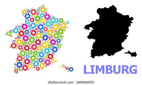 Vector collage map of Limburg Province organized for services. Mosaic map of Limburg Province is organized with randomized bright gears. Engineering items in bright colors.