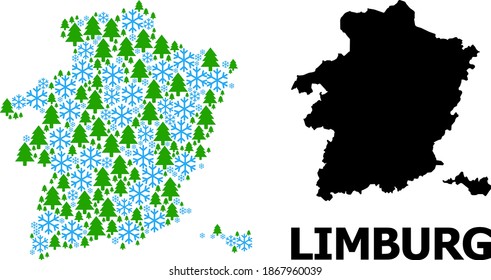 Mapa de colección de vectores de la provincia de Limburgo hecho para Año Nuevo, Navidad e invierno. El mapa mosaico de la provincia de Limburgo se hace a partir de copos de nieve y bosques de abetos.