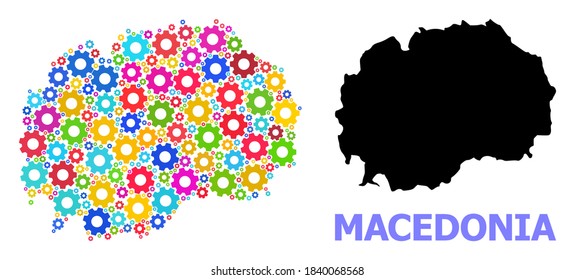 Vector collage map of Macedonia combined for services. Mosaic map of Macedonia is designed from randomized bright gear wheels. Engineering components in bright colors.