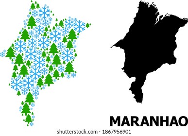 Vector collage map of Maranhao State created for New Year, Christmas, and winter. Mosaic map of Maranhao State is created from snowflakes and fir-trees.
