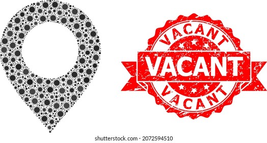 Vector collage map mark of coronavirus, and Vacant scratched ribbon stamp seal. Virus elements inside map mark collage. Red stamp seal contains Vacant tag inside ribbon.