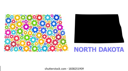 Vector collage map of North Dakota State combined for engineering. Mosaic map of North Dakota State is created with randomized bright gear wheels. Engineering items in bright colors.