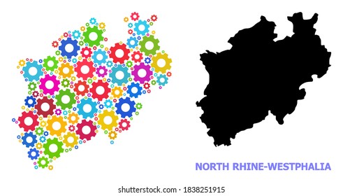 Vector collage map of North Rhine-Westphalia State created for engineering. Mosaic map of North Rhine-Westphalia State is designed from random bright wheels. Engineering components in bright colors.