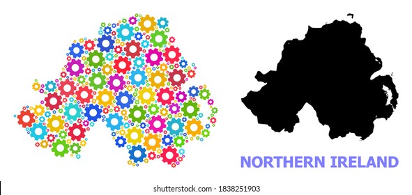 Vector collage map of Northern Ireland organized for engineering. Mosaic map of Northern Ireland is shaped of scattered colorful wheels. Engineering components in bright colors.
