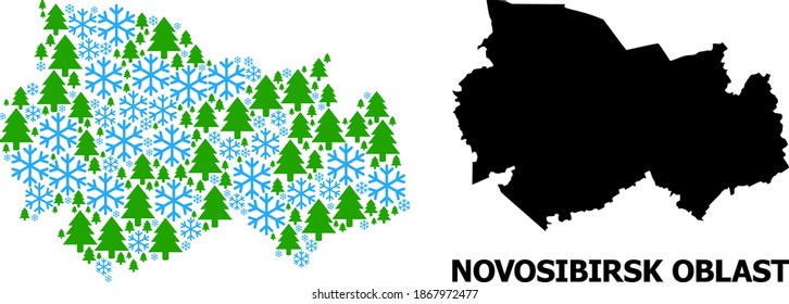 Vektorgrafik der Region Novosibirsk organisiert für Neujahr, Weihnachten und Winter. Die Mosaikkarte der Region Novosibirsk ist aus Schnee und Tannenwald organisiert.