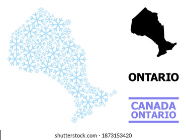 Vector collage map of Ontario Province combined for New Year, Christmas celebration, and winter. Mosaic map of Ontario Province is shaped with light blue snow elements.