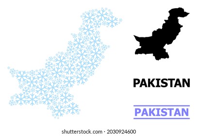 Vector collage map of Pakistan combined for New Year, Christmas celebration, and winter. Mosaic map of Pakistan is formed of light blue snow elements.
