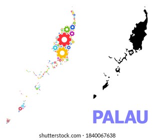 Mapa de colección de vectores de las Islas Palau hecho para ingeniería. El mapa mosaico de las Islas Palau tiene forma de ruedas de engranajes brillantes al azar. Componentes de ingeniería en colores brillantes.