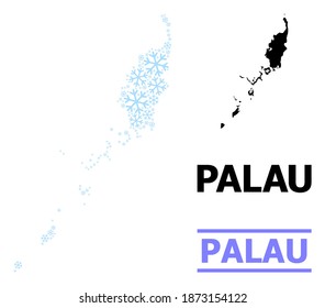 Vector collage map of Palau Islands created for New Year, Christmas celebration, and winter. Mosaic map of Palau Islands is created from light blue snow items.