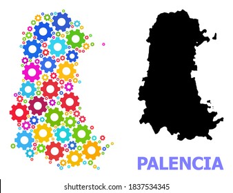 Vector collage map of Palencia Province constructed for engineering. Mosaic map of Palencia Province is constructed from randomized bright gear wheels. Engineering items in bright colors.