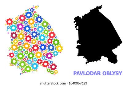 Vector collage map of Pavlodar Region constructed for mechanics. Mosaic map of Pavlodar Region is constructed with randomized bright gear wheels. Engineering items in bright colors.