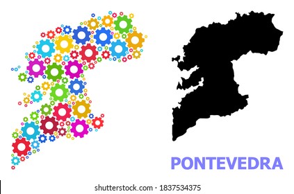 Vector collage map of Pontevedra Province created for engineering. Mosaic map of Pontevedra Province is created of random bright gears. Engineering items in bright colors.