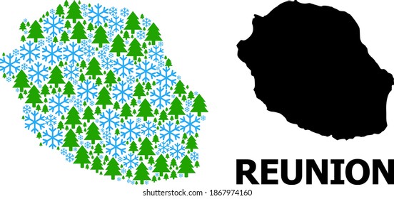 Vector collage map of Reunion Island constructed for New Year, Christmas, and winter. Mosaic map of Reunion Island is constructed of snow and fir trees.