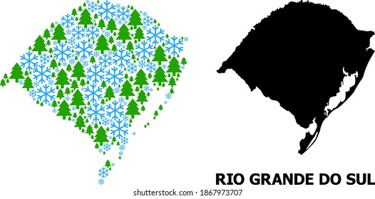 Mapa de colección de vectores del estado de Rio Grande do Sul organizado para Año Nuevo, Navidad e invierno. El mapa mosaico del estado de Rio Grande do Sul está organizado con nieve y bosque de abetos.