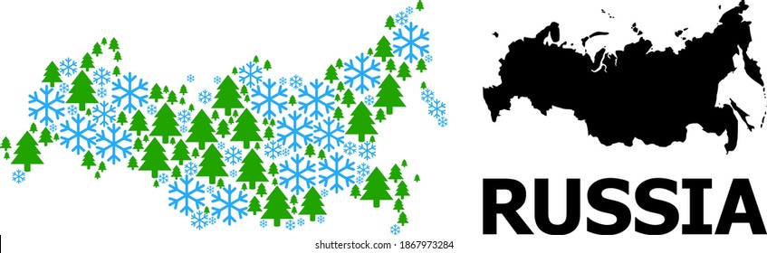 Vector collage map of Russia done for New Year, Christmas, and winter. Mosaic map of Russia is done with snow and fir forest. Winter related items are united into abstract mosaic map of Russia.