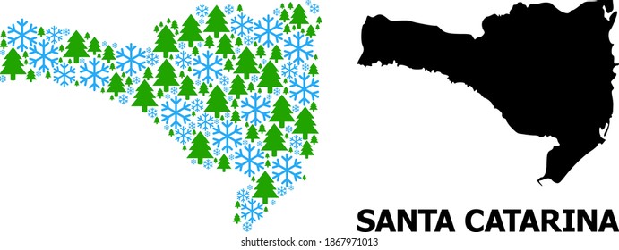 Vektorgrafik des Staates Santa Catarina erstellt für Neujahr, Weihnachten und Winter. Die Mosaikkarte des Staates Santa Catarina ist aus Schneeflocken und Tannenbäumen erbaut.