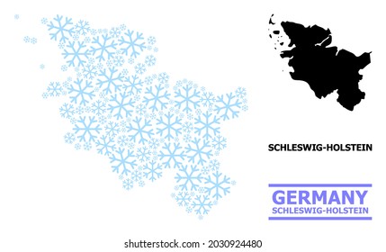 Vector collage map of Schleswig-Holstein State constructed for New Year, Christmas celebration, and winter. Mosaic map of Schleswig-Holstein State is shaped with light blue snow elements.