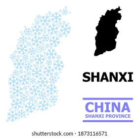 Vector collage map of Shanxi Province organized for New Year, Christmas celebration, and winter. Mosaic map of Shanxi Province is organized with light blue snow items.