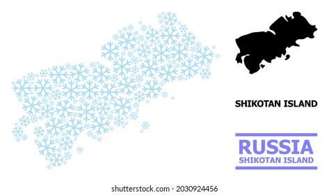 Vektorgrafik von Shikotan Island erstellt für Neujahr, Weihnachtsfeiern und Winter. Die Mosaikkarte von Shikotan Island ist aus hellblauen Schneegegenständen erschaffen.