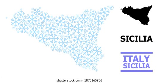 Vektorgrafik der sizilianischen Insel für Neujahr, Weihnachtsfeiern und Winter. Die Mosaikkarte von Sizilien besteht aus hellblauen Schneegegenständen.